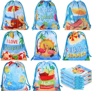Cunno 24 Pcs Swimming Pool Gift Bags Beach Birthday Bags Summer Favor Bag Pool Party Drawstring Bags Beach Ball Candy Treat Goodie Bags for Kids Beach Pool Hawaiian Tropical Luau Party(Summer Pool)
