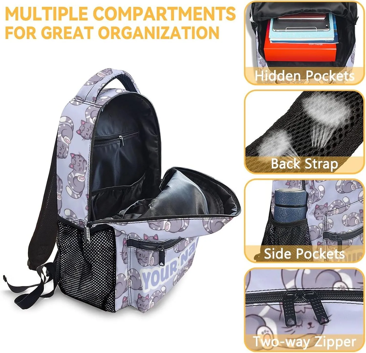 Custom Cat Backpack for Girls - 16 Inches Aesthetic Personalized Backpacks for Travel - Colorful Lightweight Bookbag for School