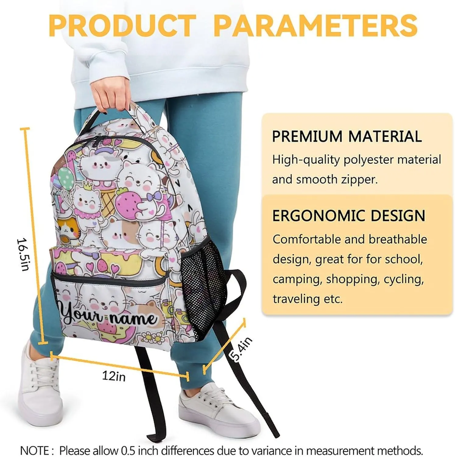Custom Cat Backpack for Girls Boys, 16 Inch Colorful Backpacks for School, Cute Lightweight Durable Bookbag for Kids