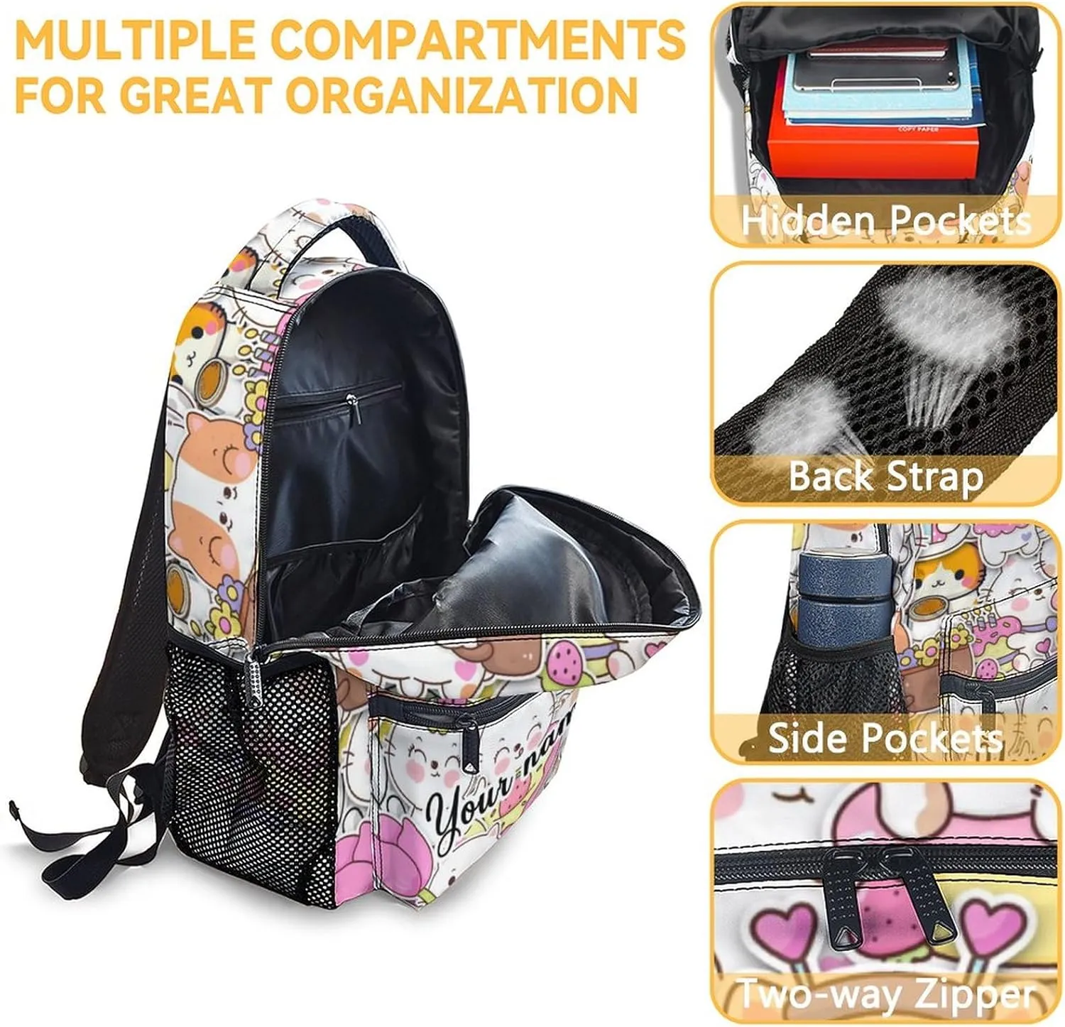 Custom Cat Backpack for Girls Boys, 16 Inch Colorful Backpacks for School, Cute Lightweight Durable Bookbag for Kids