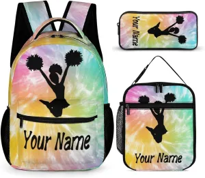 Custom Cheerleading Backpack with Lunch Box & Pencil Case, 16 Inch Cute Cheer Themed Bookbag, Adjustable Lightweight Large Capacity, Colorful Daily Casual Backpacks Set with Lunch Bag