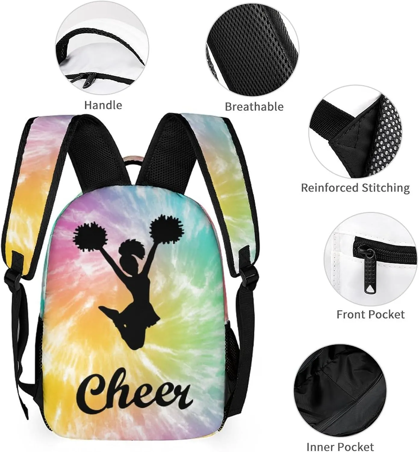 Custom Cheerleading Backpack with Lunch Box & Pencil Case, 16 Inch Cute Cheer Themed Bookbag, Adjustable Lightweight Large Capacity, Colorful Daily Casual Backpacks Set with Lunch Bag