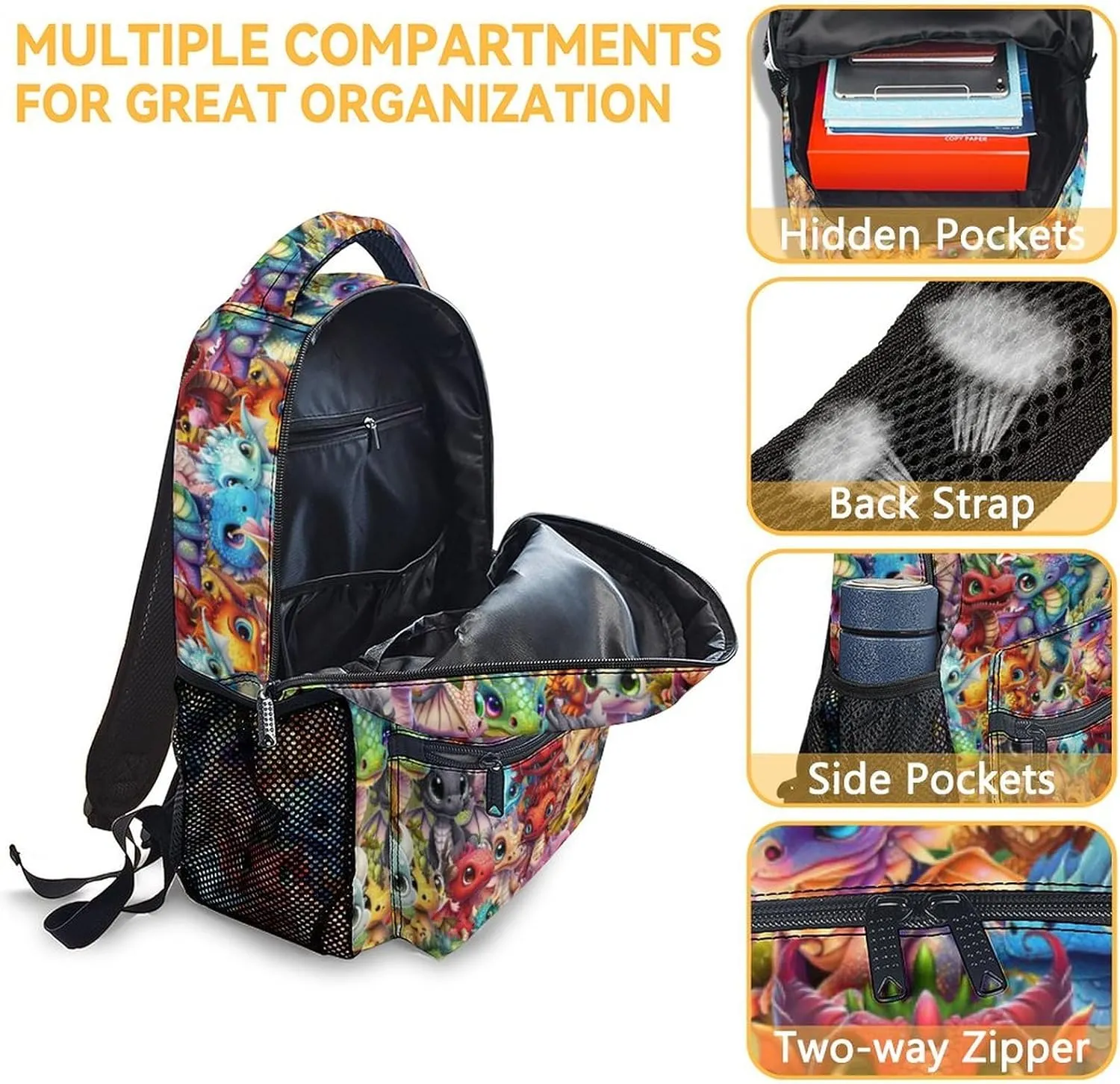 Custom Dragon Kids Backpack with Lunch Box, Set of 3 School Backpacks Matching Combo, Cute Colorful Bookbag and Pencil Case Bundle