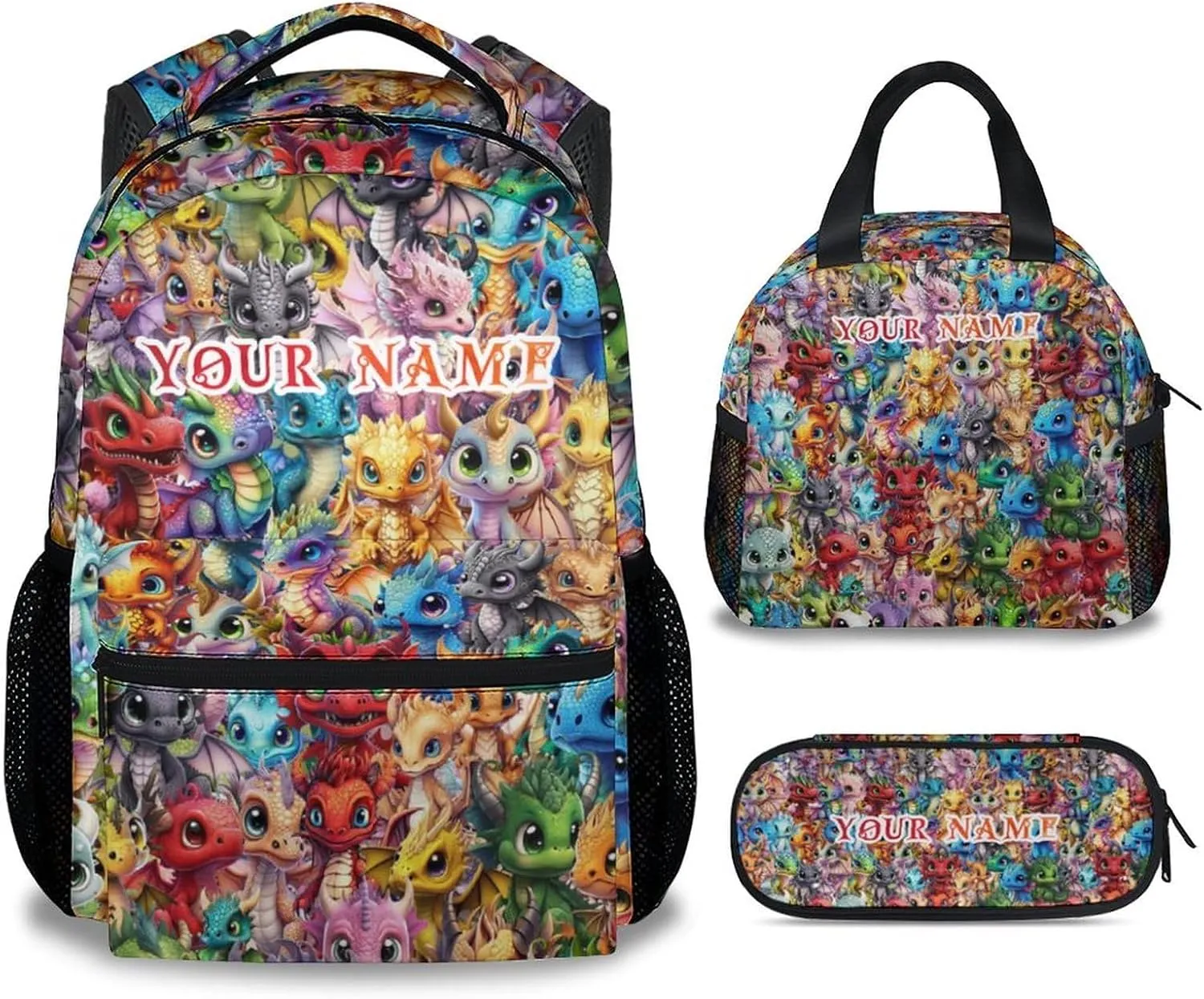 Custom Dragon Kids Backpack with Lunch Box, Set of 3 School Backpacks Matching Combo, Cute Colorful Bookbag and Pencil Case Bundle