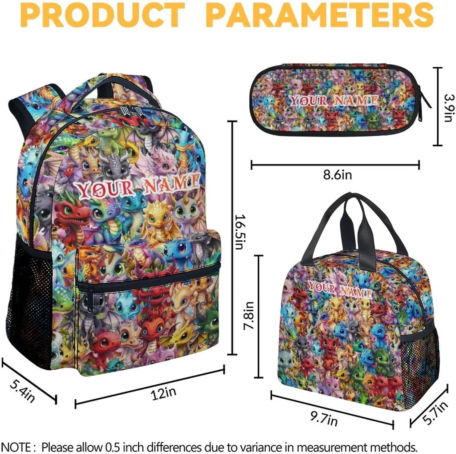 Custom Dragon Kids Backpack with Lunch Box, Set of 3 School Backpacks Matching Combo, Cute Colorful Bookbag and Pencil Case Bundle