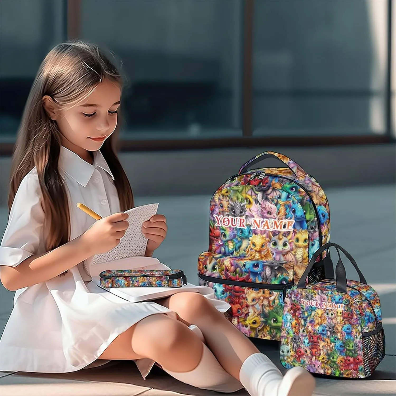 Custom Dragon Kids Backpack with Lunch Box, Set of 3 School Backpacks Matching Combo, Cute Colorful Bookbag and Pencil Case Bundle