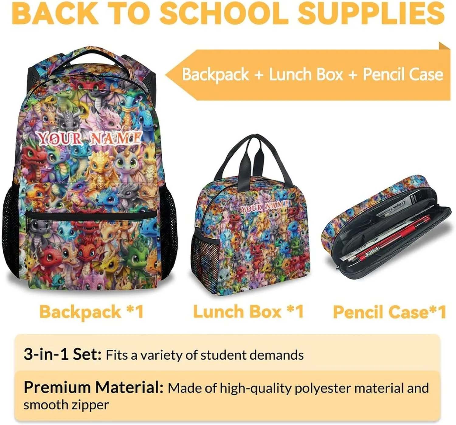Custom Dragon Kids Backpack with Lunch Box, Set of 3 School Backpacks Matching Combo, Cute Colorful Bookbag and Pencil Case Bundle