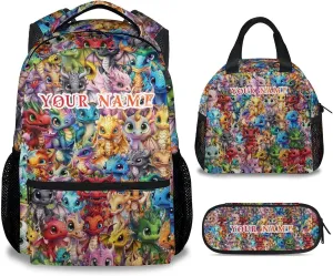 Custom Dragon Kids Backpack with Lunch Box, Set of 3 School Backpacks Matching Combo, Cute Colorful Bookbag and Pencil Case Bundle