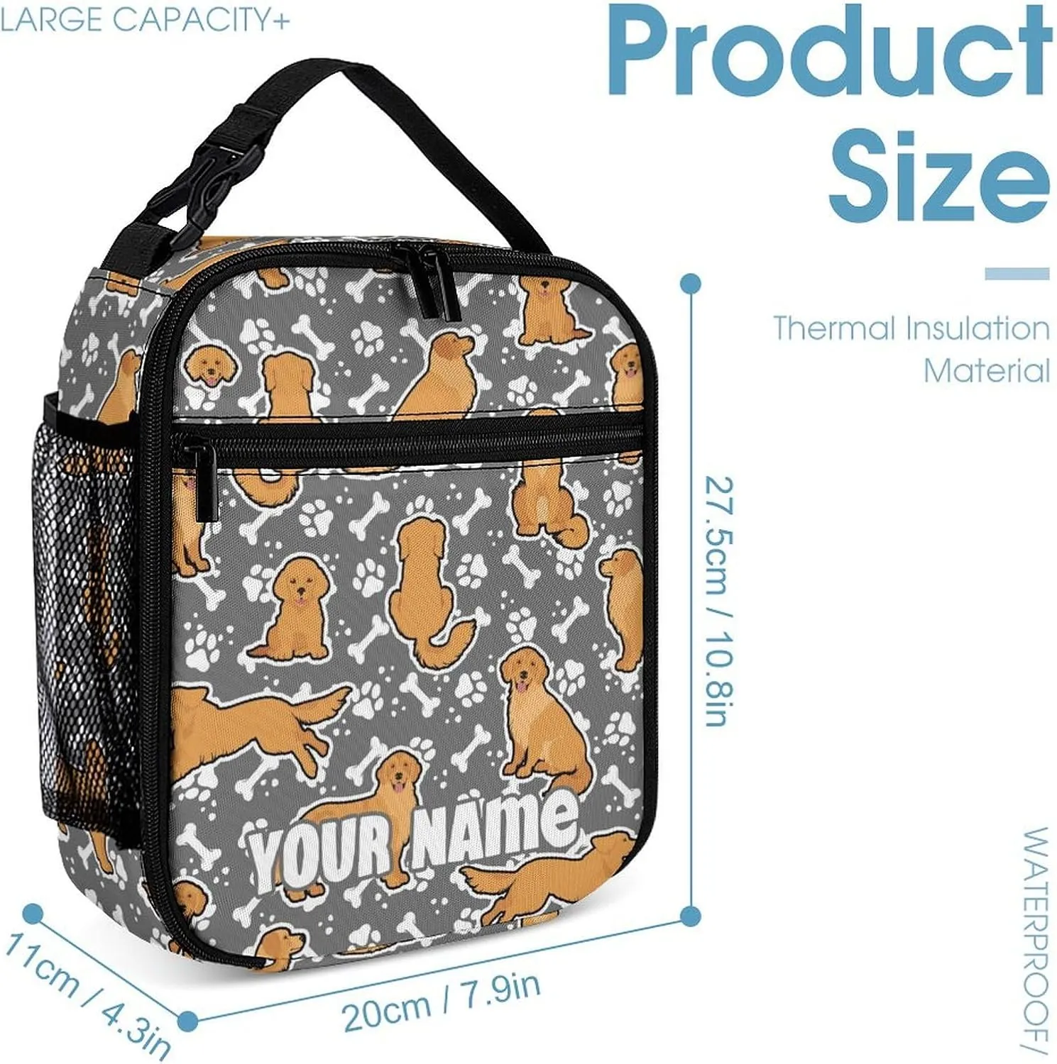 Custom Golden Retriever Backpack with Lunch Box & Pencil Case, 16 Inch Cute Dog Themed Bookbag, Adjustable Lightweight Large Capacity, Colorful Daily Casual Backpacks Set with Lunch Bag