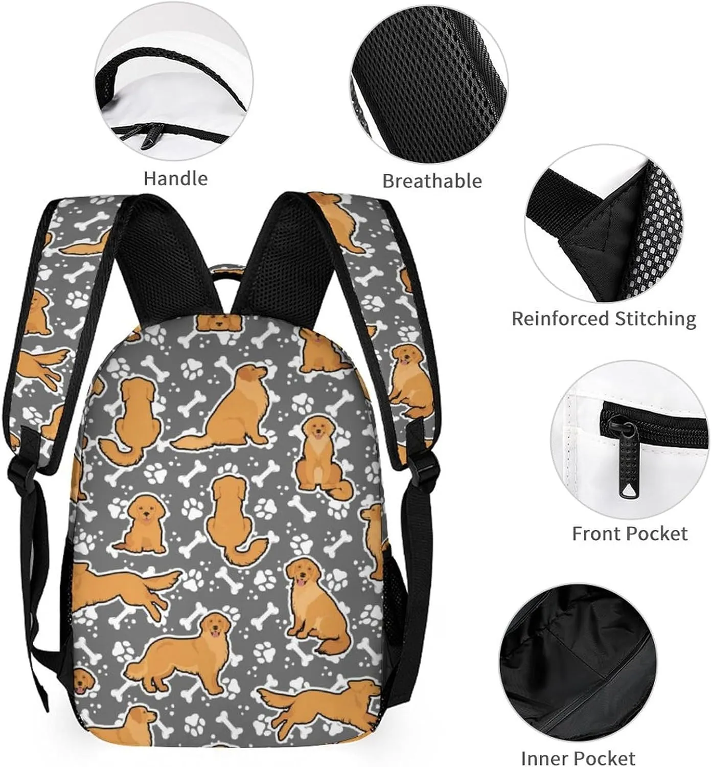 Custom Golden Retriever Backpack with Lunch Box & Pencil Case, 16 Inch Cute Dog Themed Bookbag, Adjustable Lightweight Large Capacity, Colorful Daily Casual Backpacks Set with Lunch Bag