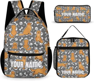 Custom Golden Retriever Backpack with Lunch Box & Pencil Case, 16 Inch Cute Dog Themed Bookbag, Adjustable Lightweight Large Capacity, Colorful Daily Casual Backpacks Set with Lunch Bag