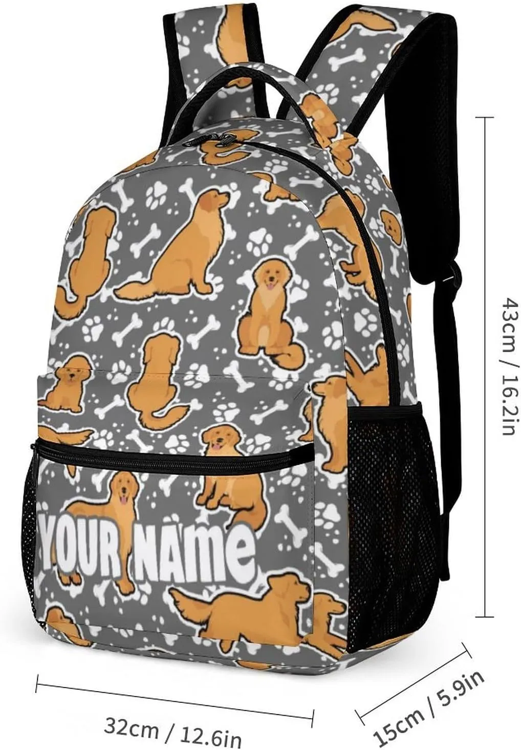 Custom Golden Retriever Backpack with Lunch Box & Pencil Case, 16 Inch Cute Dog Themed Bookbag, Adjustable Lightweight Large Capacity, Colorful Daily Casual Backpacks Set with Lunch Bag