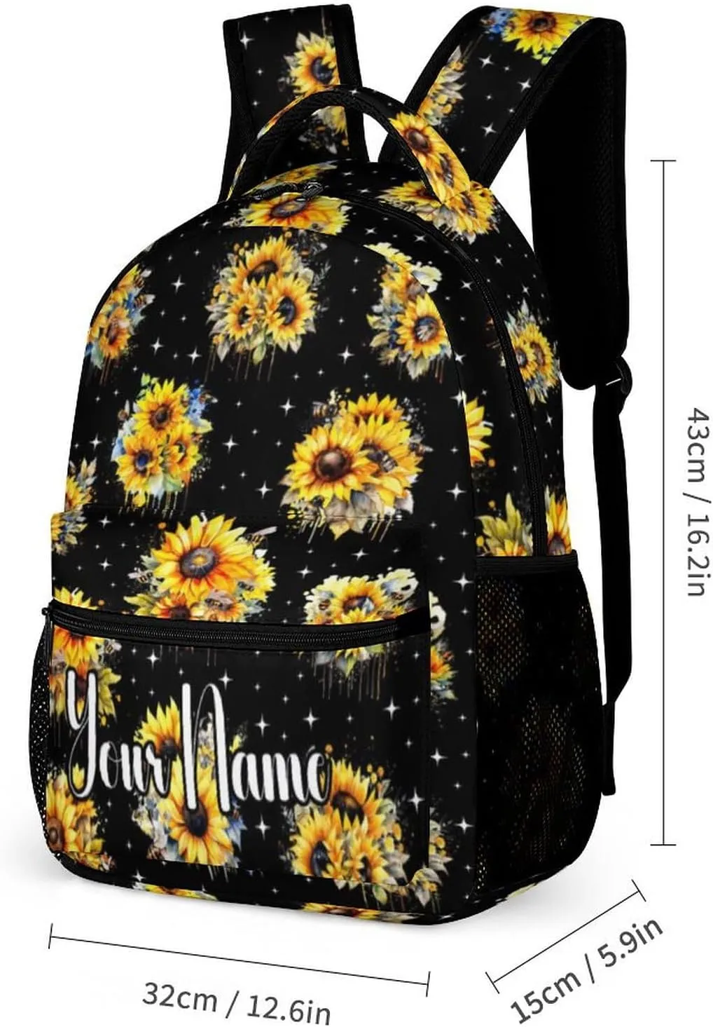 Custom Sunflower Backpack with Lunch Box & Pencil Case, 16 Inch Cute Sunflowers Themed Bookbag, Adjustable Lightweight Large Capacity, Colorful Daily Casual Backpacks Set with Lunch Bag
