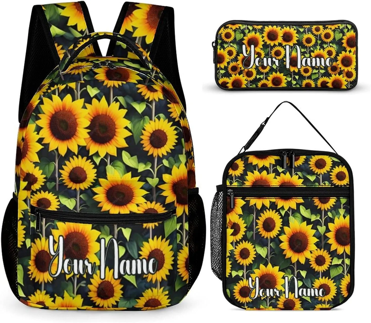 Custom Sunflower Backpack with Lunch Box & Pencil Case, 16 Inch Cute Sunflowers Themed Bookbag, Adjustable Lightweight Large Capacity, Colorful Daily Casual Backpacks Set with Lunch Bag