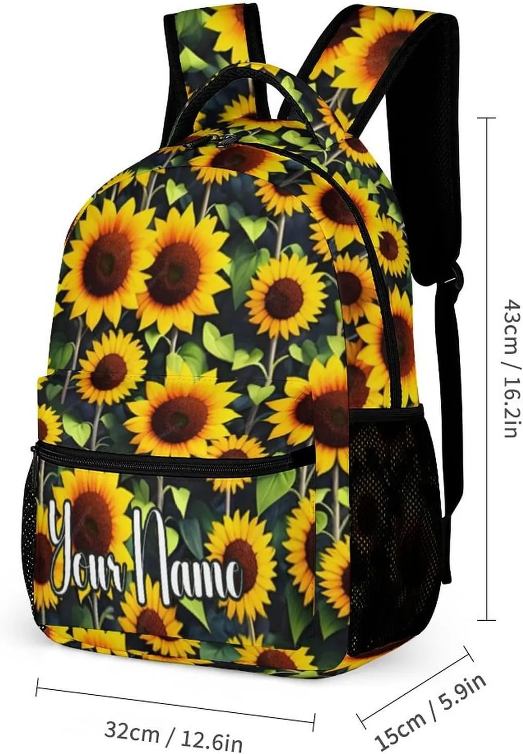 Custom Sunflower Backpack with Lunch Box & Pencil Case, 16 Inch Cute Sunflowers Themed Bookbag, Adjustable Lightweight Large Capacity, Colorful Daily Casual Backpacks Set with Lunch Bag