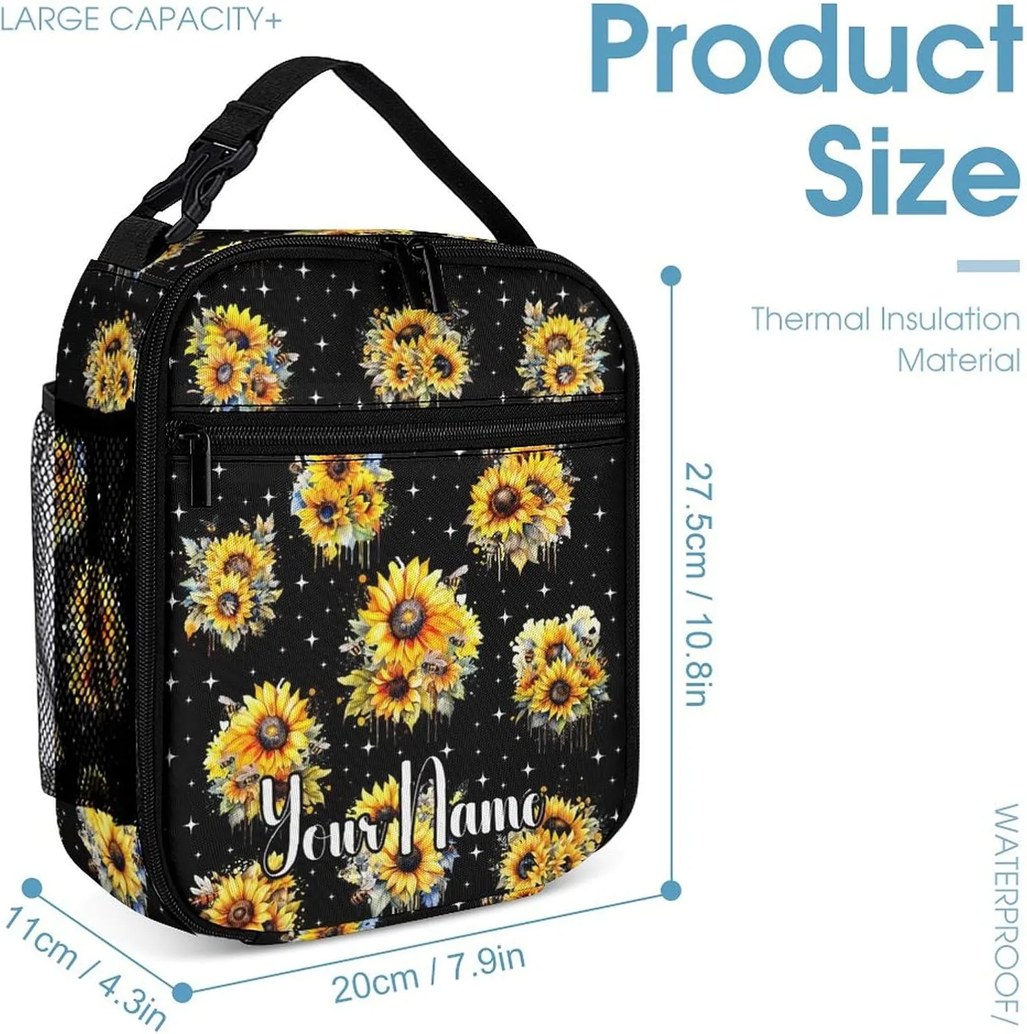 Custom Sunflower Backpack with Lunch Box & Pencil Case, 16 Inch Cute Sunflowers Themed Bookbag, Adjustable Lightweight Large Capacity, Colorful Daily Casual Backpacks Set with Lunch Bag