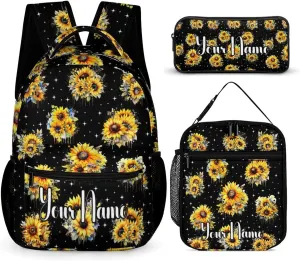 Custom Sunflower Backpack with Lunch Box & Pencil Case, 16 Inch Cute Sunflowers Themed Bookbag, Adjustable Lightweight Large Capacity, Colorful Daily Casual Backpacks Set with Lunch Bag