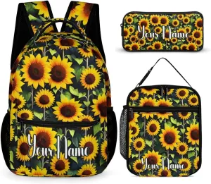 Custom Sunflower Backpack with Lunch Box & Pencil Case, 16 Inch Cute Sunflowers Themed Bookbag, Adjustable Lightweight Large Capacity, Colorful Daily Casual Backpacks Set with Lunch Bag