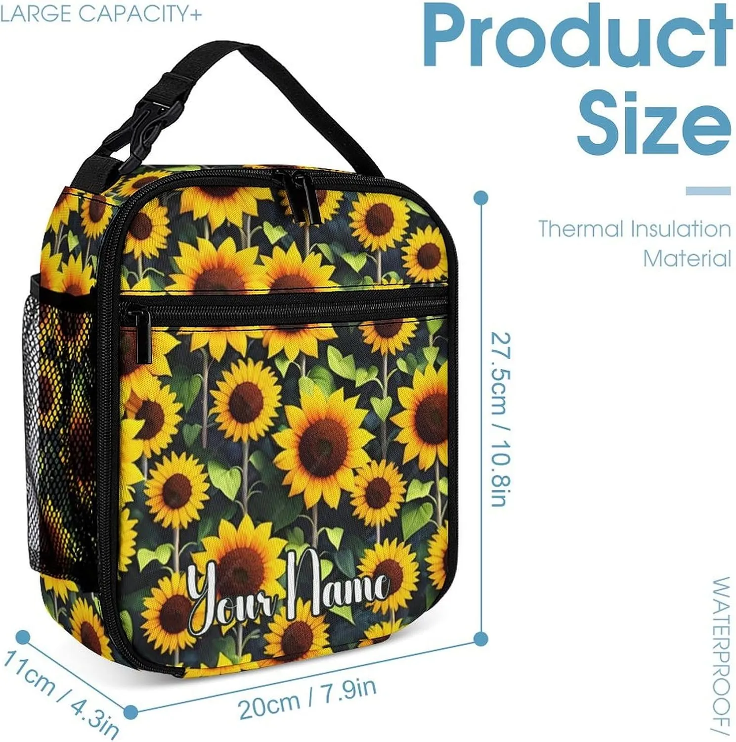 Custom Sunflower Backpack with Lunch Box & Pencil Case, 16 Inch Cute Sunflowers Themed Bookbag, Adjustable Lightweight Large Capacity, Colorful Daily Casual Backpacks Set with Lunch Bag