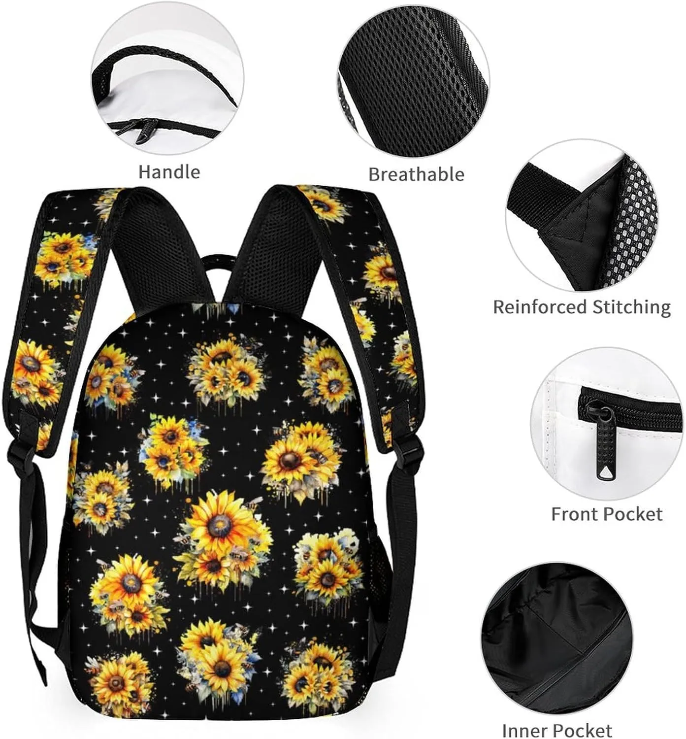 Custom Sunflower Backpack with Lunch Box & Pencil Case, 16 Inch Cute Sunflowers Themed Bookbag, Adjustable Lightweight Large Capacity, Colorful Daily Casual Backpacks Set with Lunch Bag