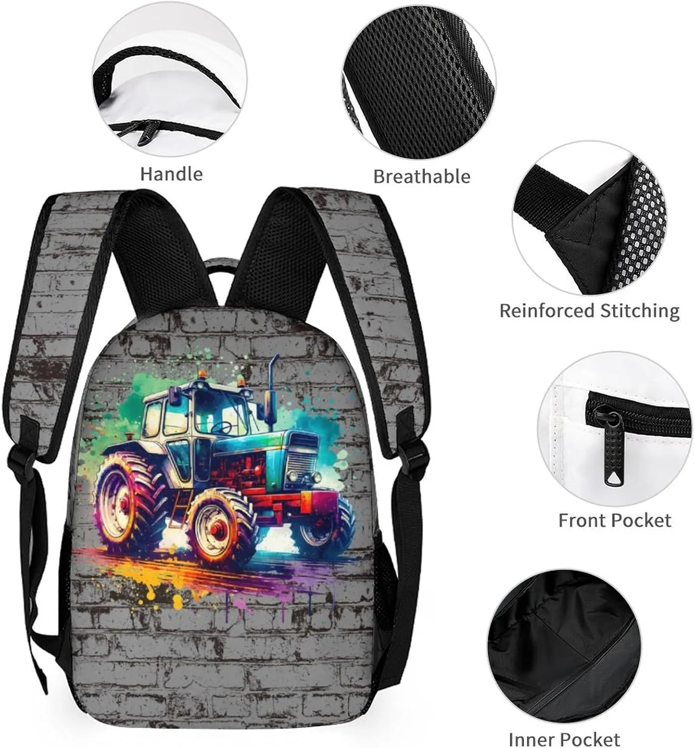 Custom Tractor Backpack with Lunch Box & Pencil Case, 16 Inch Cute Tractors Themed Bookbag, Adjustable Lightweight Large Capacity, Colorful Daily Casual Backpacks Set with Lunch Bag