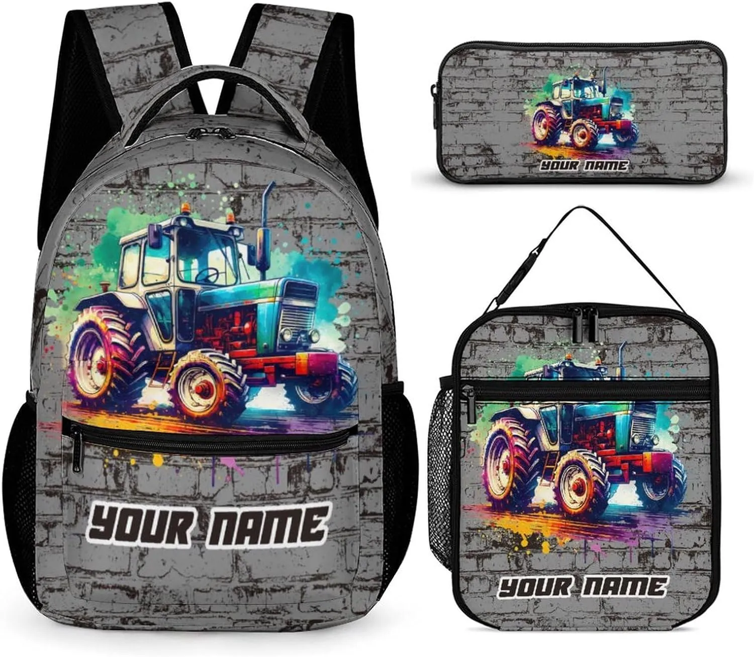 Custom Tractor Backpack with Lunch Box & Pencil Case, 16 Inch Cute Tractors Themed Bookbag, Adjustable Lightweight Large Capacity, Colorful Daily Casual Backpacks Set with Lunch Bag
