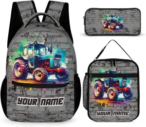Custom Tractor Backpack with Lunch Box & Pencil Case, 16 Inch Cute Tractors Themed Bookbag, Adjustable Lightweight Large Capacity, Colorful Daily Casual Backpacks Set with Lunch Bag