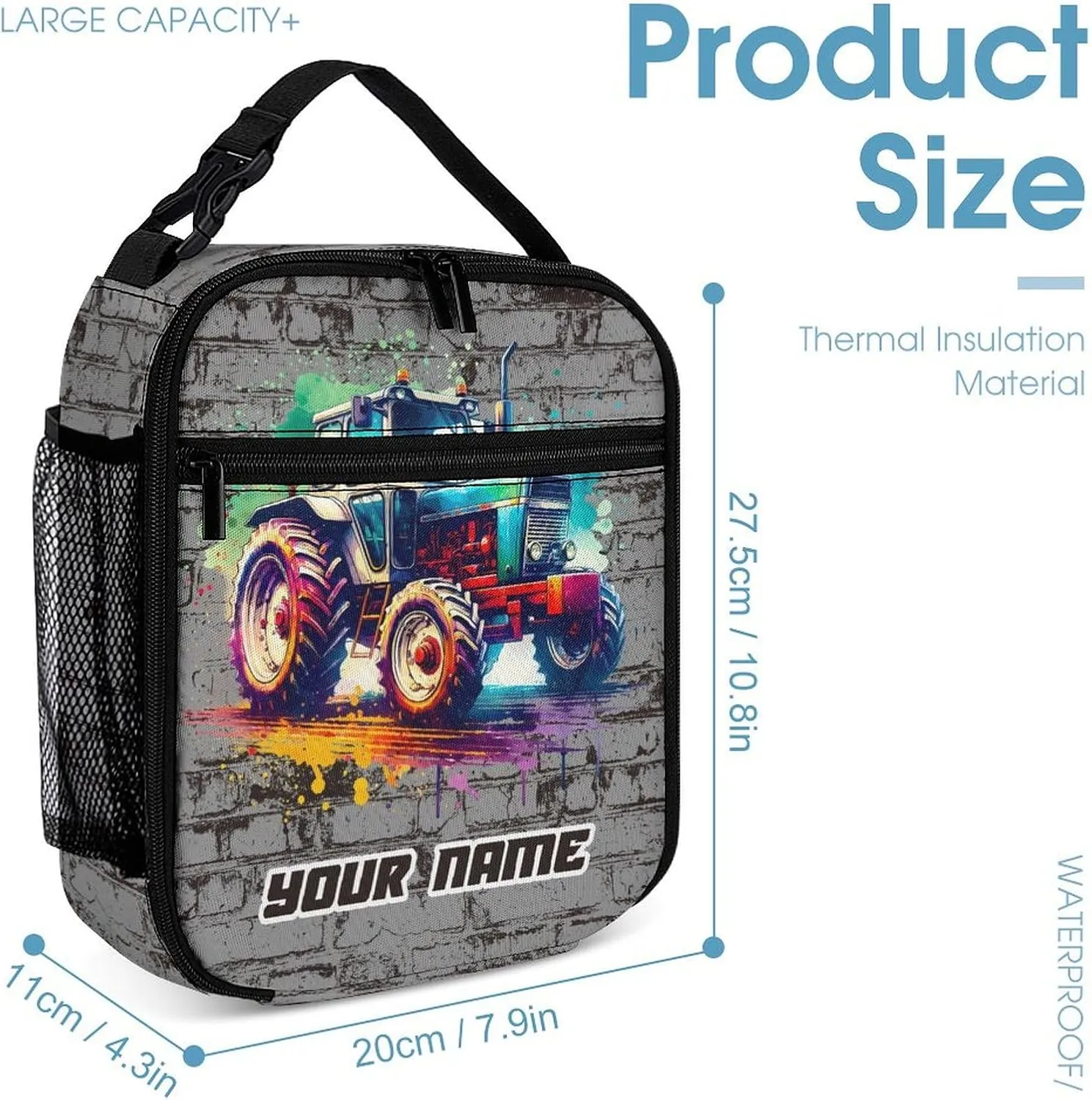 Custom Tractor Backpack with Lunch Box & Pencil Case, 16 Inch Cute Tractors Themed Bookbag, Adjustable Lightweight Large Capacity, Colorful Daily Casual Backpacks Set with Lunch Bag