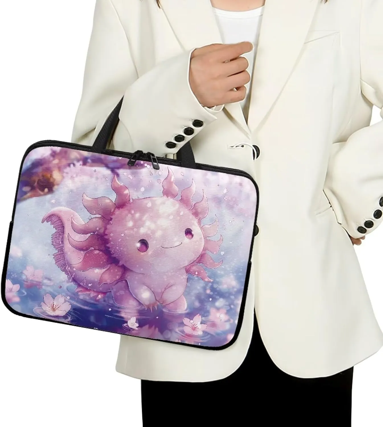 Cute Axolotl 10 Inch Laptop Sleeve for Women Water Resistant Computer Carrying Case with Handle, Protective Laptop Tote Bag Cover Compatible with Tablet/Notebook/Reader