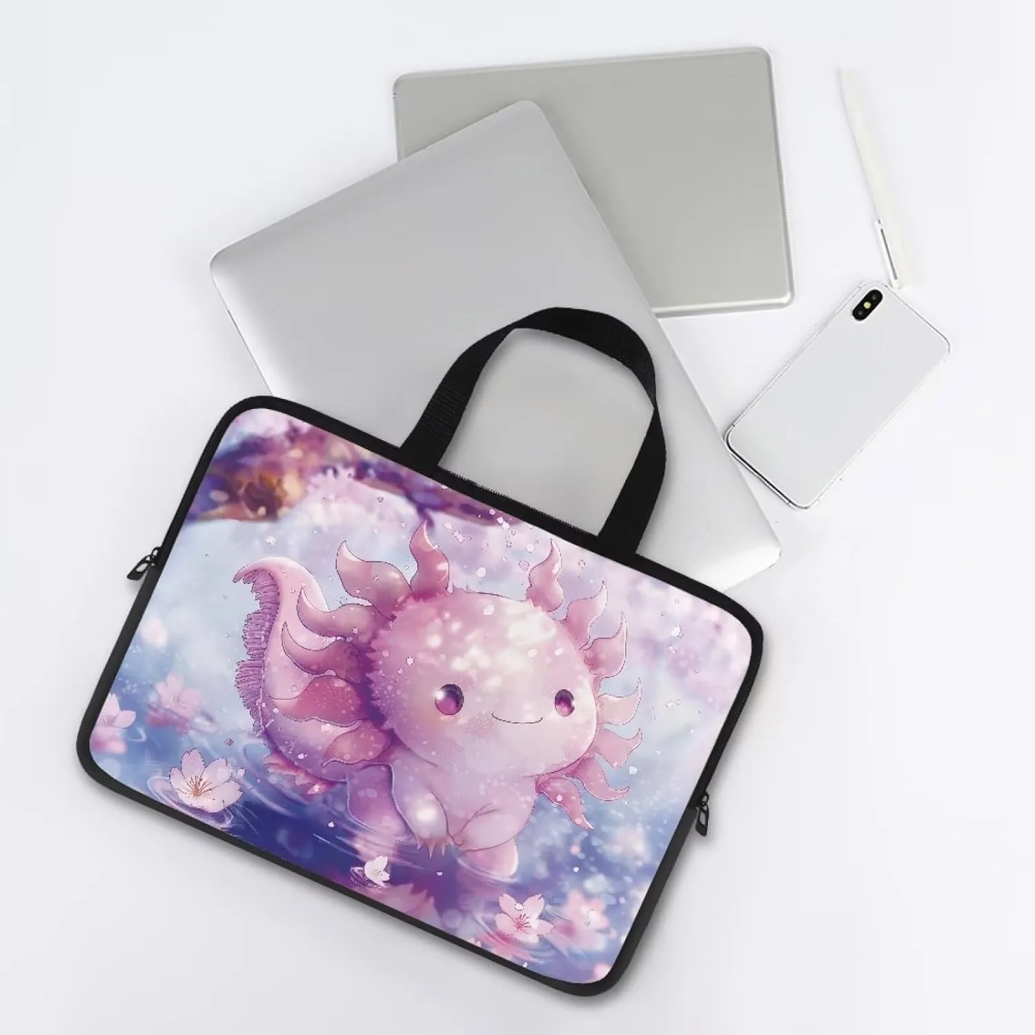 Cute Axolotl 10 Inch Laptop Sleeve for Women Water Resistant Computer Carrying Case with Handle, Protective Laptop Tote Bag Cover Compatible with Tablet/Notebook/Reader