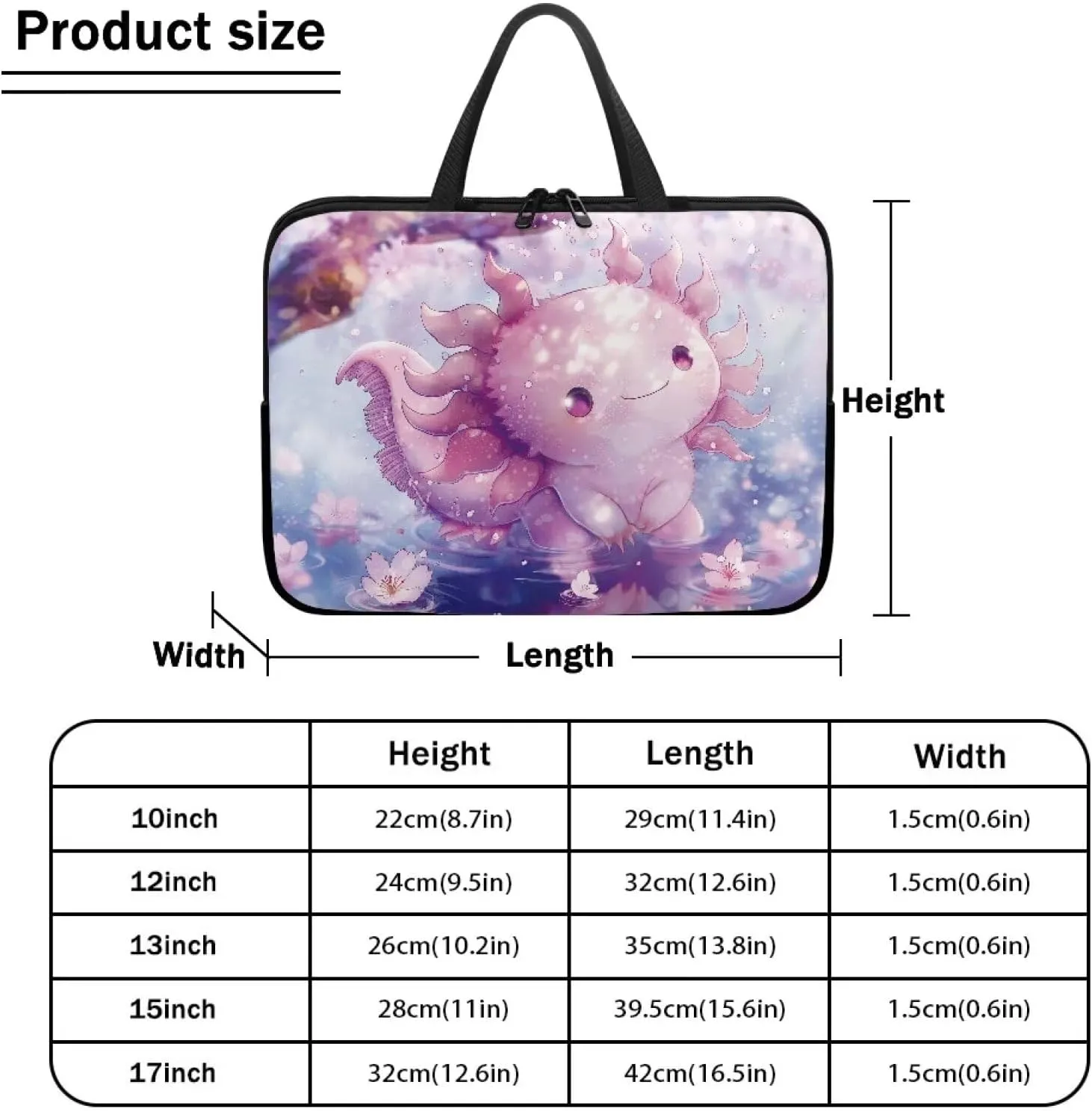 Cute Axolotl 10 Inch Laptop Sleeve for Women Water Resistant Computer Carrying Case with Handle, Protective Laptop Tote Bag Cover Compatible with Tablet/Notebook/Reader