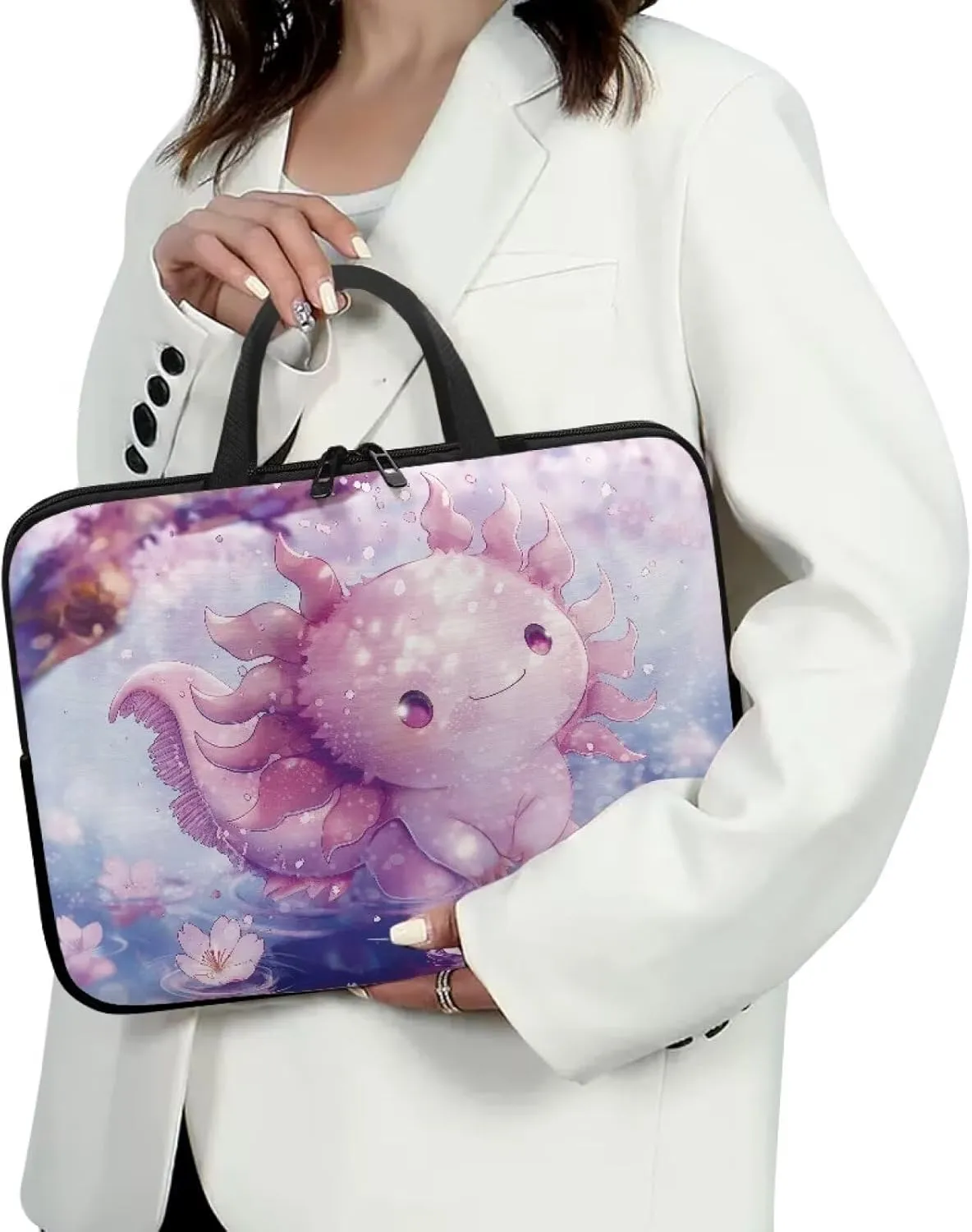 Cute Axolotl 10 Inch Laptop Sleeve for Women Water Resistant Computer Carrying Case with Handle, Protective Laptop Tote Bag Cover Compatible with Tablet/Notebook/Reader