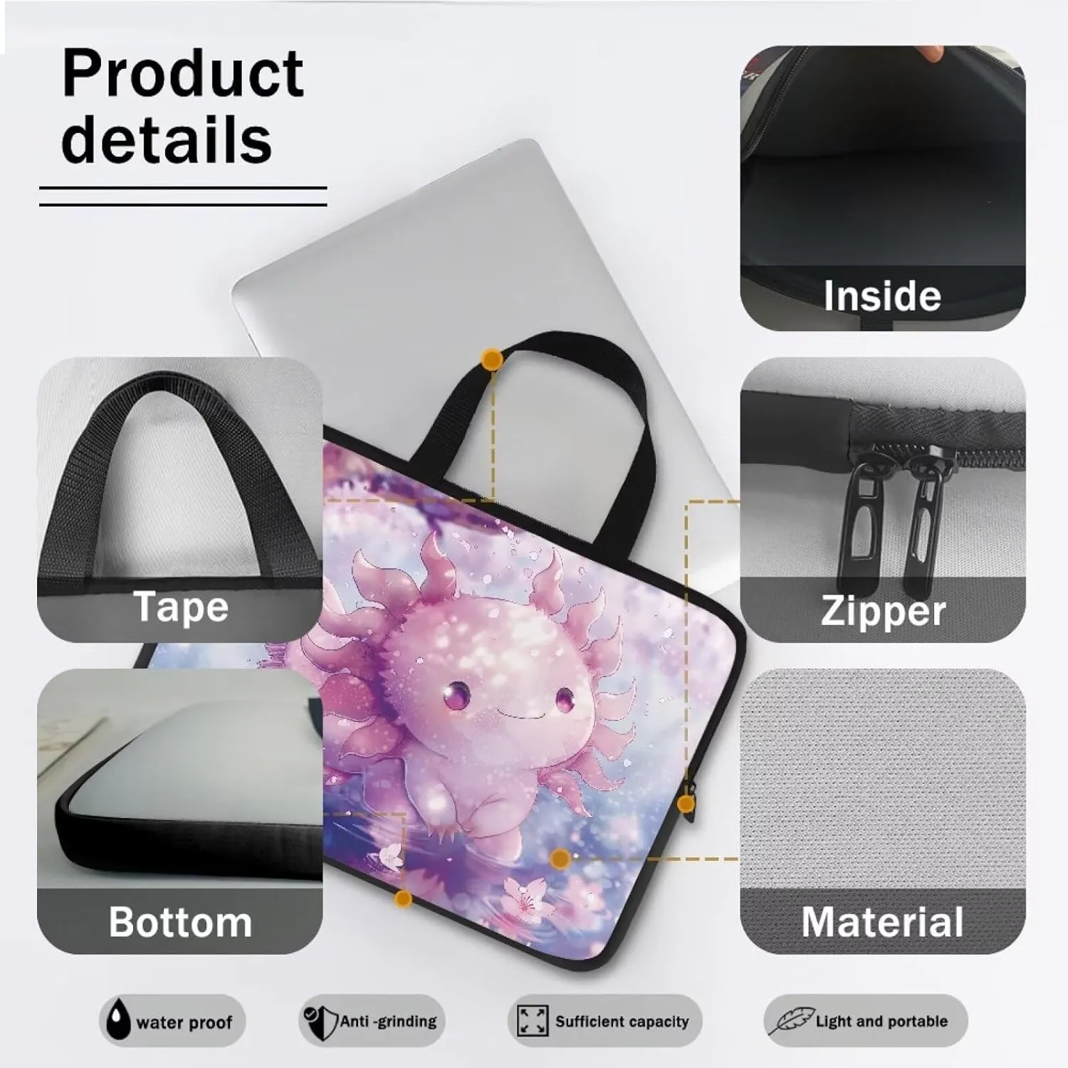 Cute Axolotl 10 Inch Laptop Sleeve for Women Water Resistant Computer Carrying Case with Handle, Protective Laptop Tote Bag Cover Compatible with Tablet/Notebook/Reader