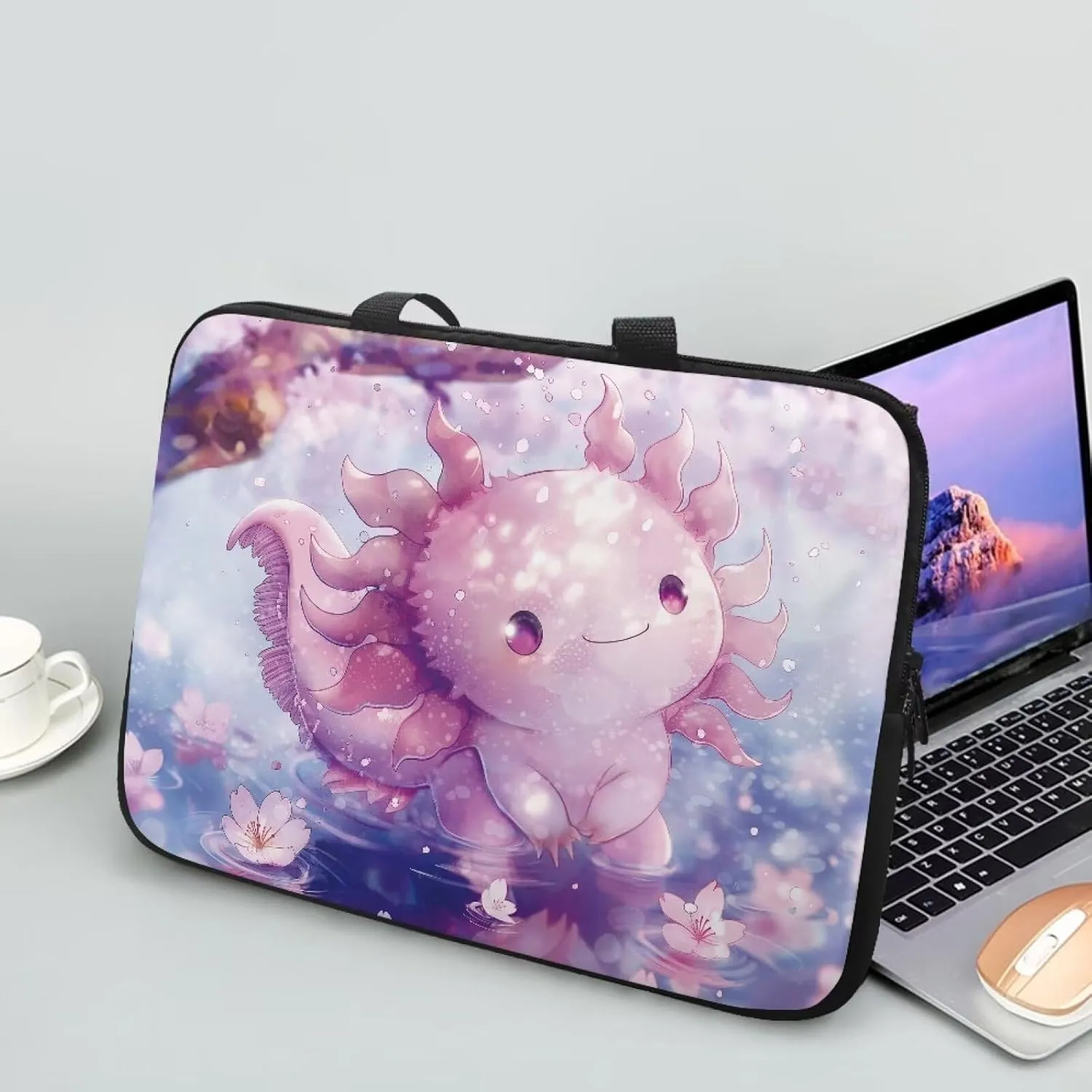 Cute Axolotl 10 Inch Laptop Sleeve for Women Water Resistant Computer Carrying Case with Handle, Protective Laptop Tote Bag Cover Compatible with Tablet/Notebook/Reader