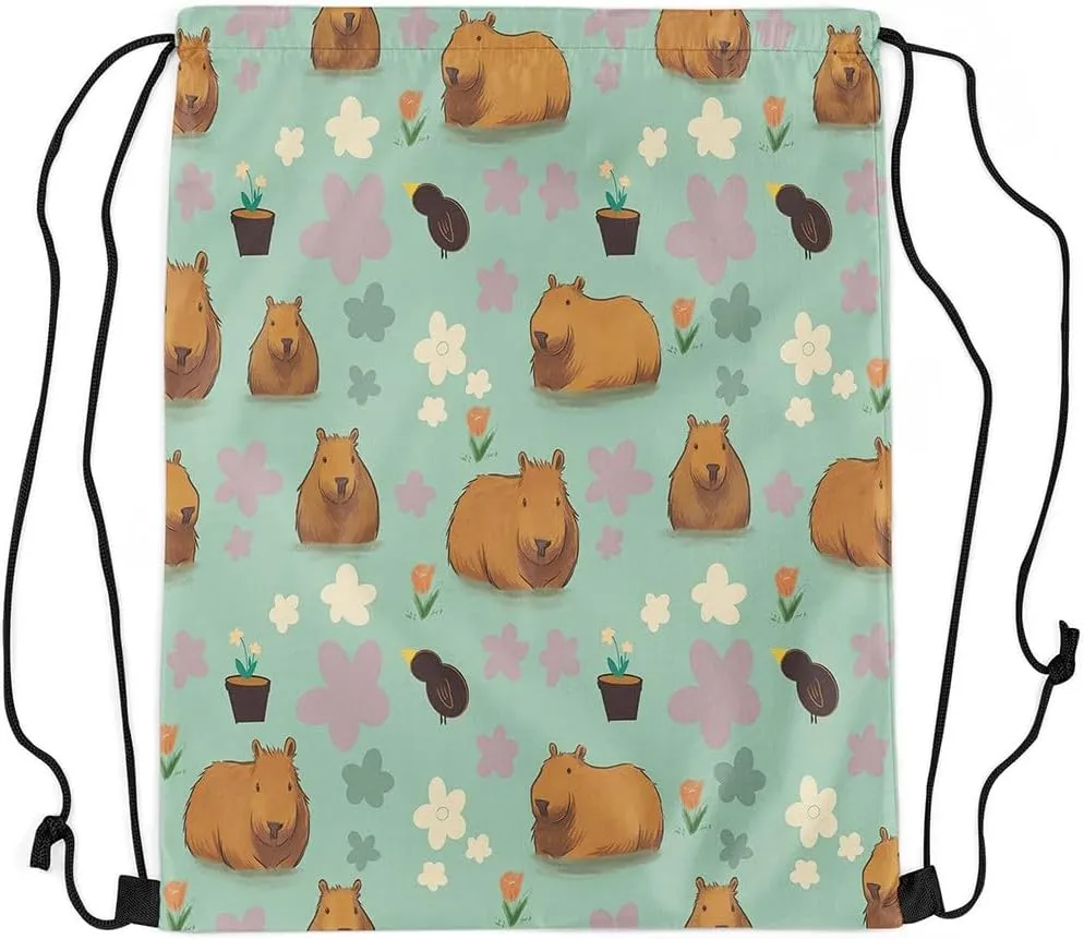 Cute Capybara Drawstring Backpack,Colorful Flowers Capybara Reversible Drawstring Bags 13X15.7,Funny Wildlife String Backpack for Sport Traveling Camping Swim,Dark Green