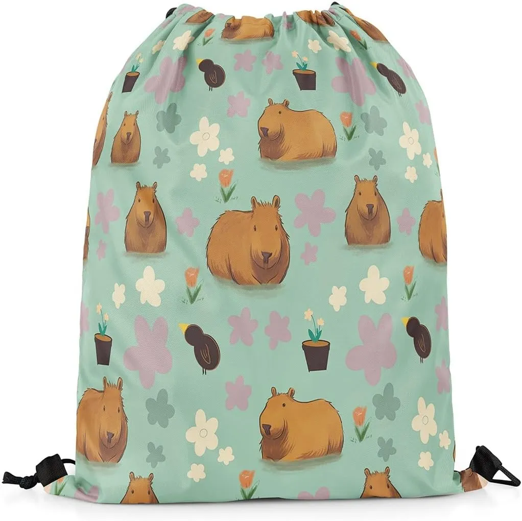 Cute Capybara Drawstring Backpack,Colorful Flowers Capybara Reversible Drawstring Bags 13X15.7,Funny Wildlife String Backpack for Sport Traveling Camping Swim,Dark Green