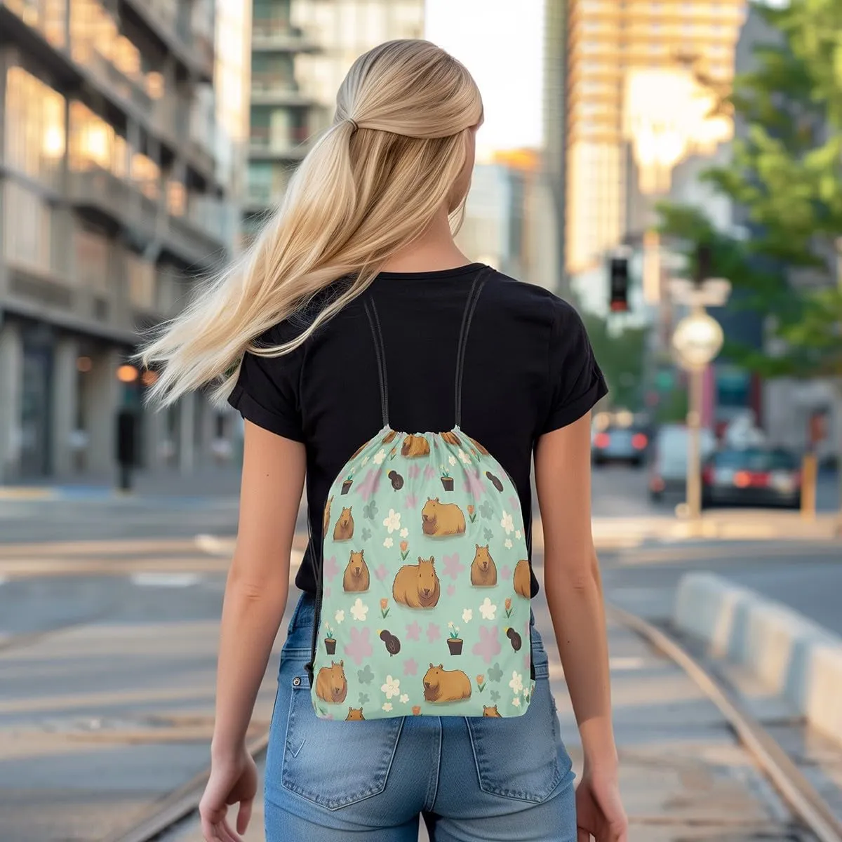 Cute Capybara Drawstring Backpack,Colorful Flowers Capybara Reversible Drawstring Bags 13X15.7,Funny Wildlife String Backpack for Sport Traveling Camping Swim,Dark Green