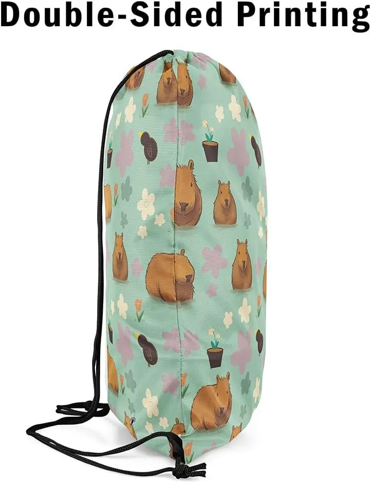 Cute Capybara Drawstring Backpack,Colorful Flowers Capybara Reversible Drawstring Bags 13X15.7,Funny Wildlife String Backpack for Sport Traveling Camping Swim,Dark Green