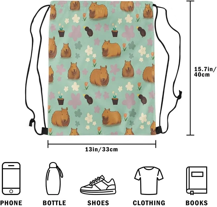Cute Capybara Drawstring Backpack,Colorful Flowers Capybara Reversible Drawstring Bags 13X15.7,Funny Wildlife String Backpack for Sport Traveling Camping Swim,Dark Green