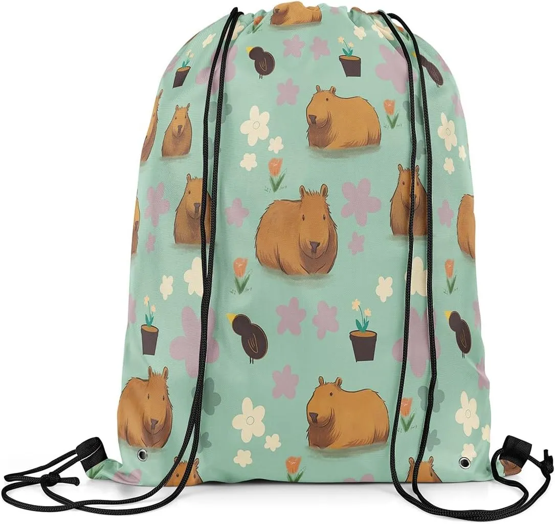 Cute Capybara Drawstring Backpack,Colorful Flowers Capybara Reversible Drawstring Bags 13X15.7,Funny Wildlife String Backpack for Sport Traveling Camping Swim,Dark Green