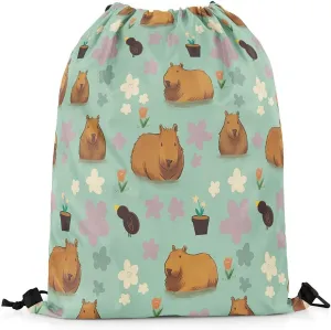 Cute Capybara Drawstring Backpack,Colorful Flowers Capybara Reversible Drawstring Bags 13X15.7,Funny Wildlife String Backpack for Sport Traveling Camping Swim,Dark Green