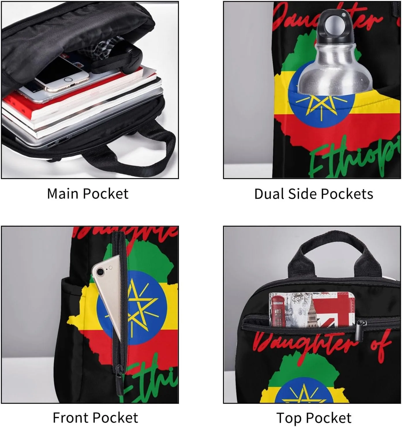 Daughter of Ethiopia Map Flag Travel Backpacks Casual Laptop Backpack Sport Rucksack Large Capacity Daypack Multi-Pockets Adjustable Strap Bag for Working Hiking