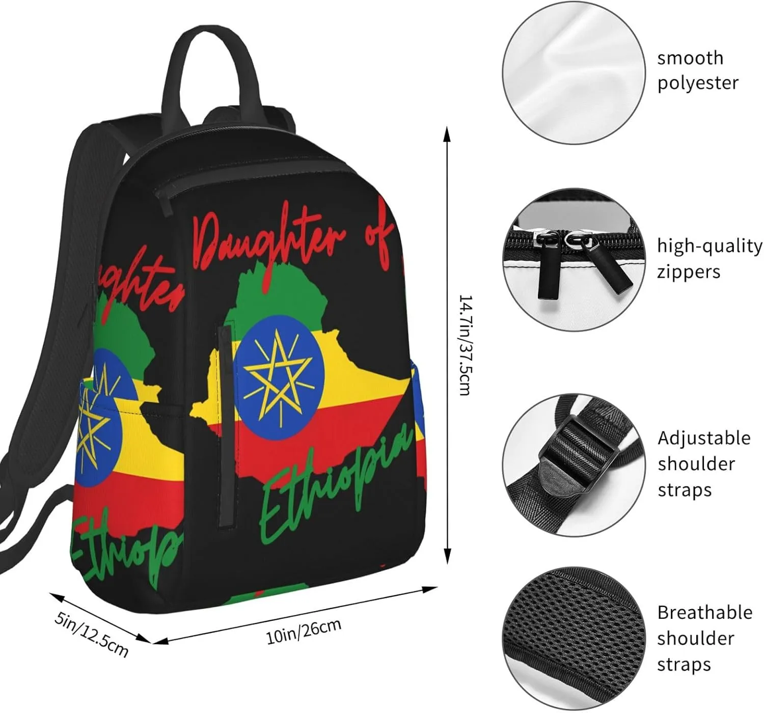 Daughter of Ethiopia Map Flag Travel Backpacks Casual Laptop Backpack Sport Rucksack Large Capacity Daypack Multi-Pockets Adjustable Strap Bag for Working Hiking