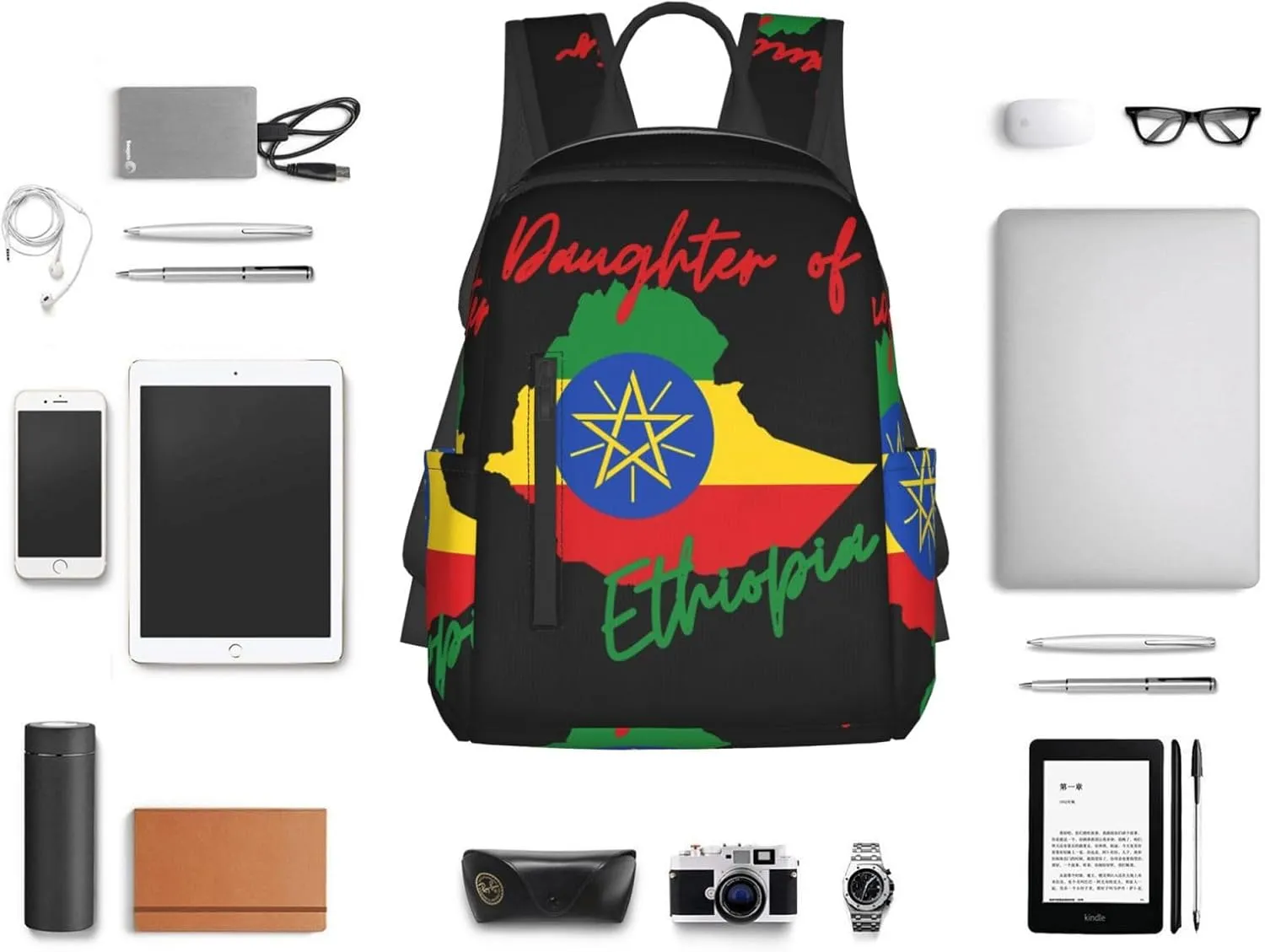 Daughter of Ethiopia Map Flag Travel Backpacks Casual Laptop Backpack Sport Rucksack Large Capacity Daypack Multi-Pockets Adjustable Strap Bag for Working Hiking