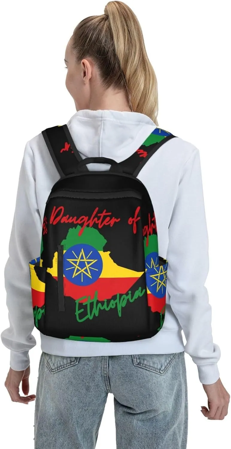 Daughter of Ethiopia Map Flag Travel Backpacks Casual Laptop Backpack Sport Rucksack Large Capacity Daypack Multi-Pockets Adjustable Strap Bag for Working Hiking