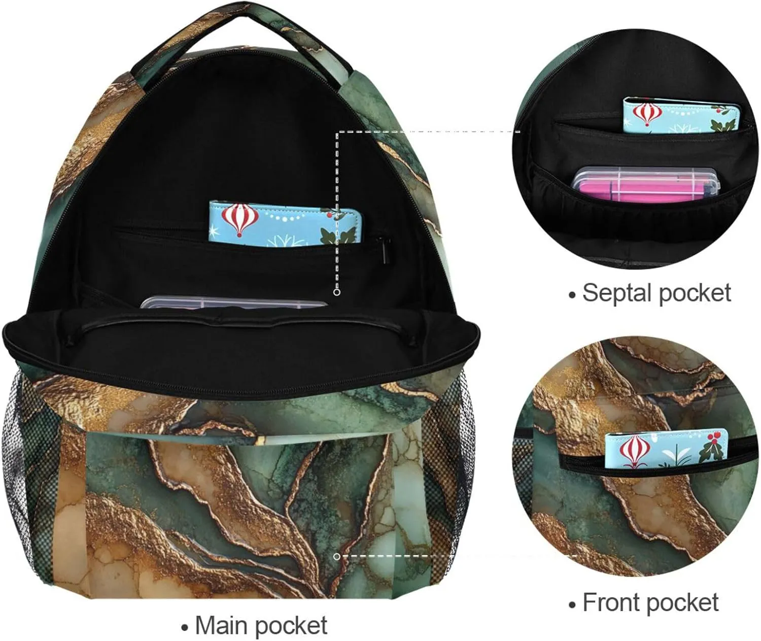 Day Backpack for Men and Women Waterproof Diaper Bag Backpack with Chest Strap for Business Work College Travel Trip Marble Brown Green