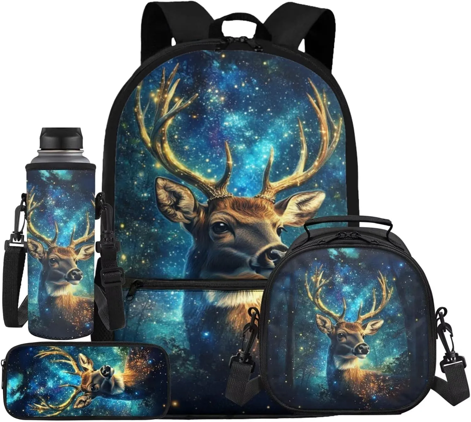 Deer Hunting Backpack with Lunch Box Water Bottle Holder Pencil Case 2nd Grade Bookbag and Lunchbox Set for Kids Back to School Backpacks Lunch Bag 4Pcs Primary Students Back Pack