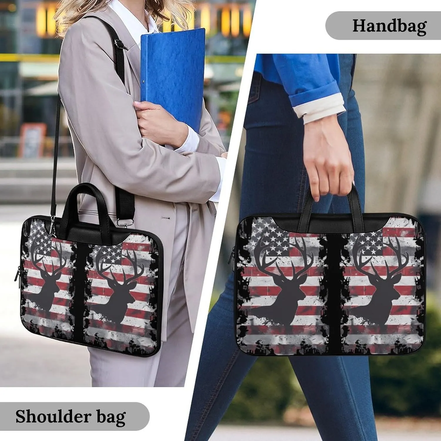 Deer Hunting U.S. Flag Laptop Sleeve Bag Protective Case Handbag With Shoulder Strap for Computer 10-17 Inch