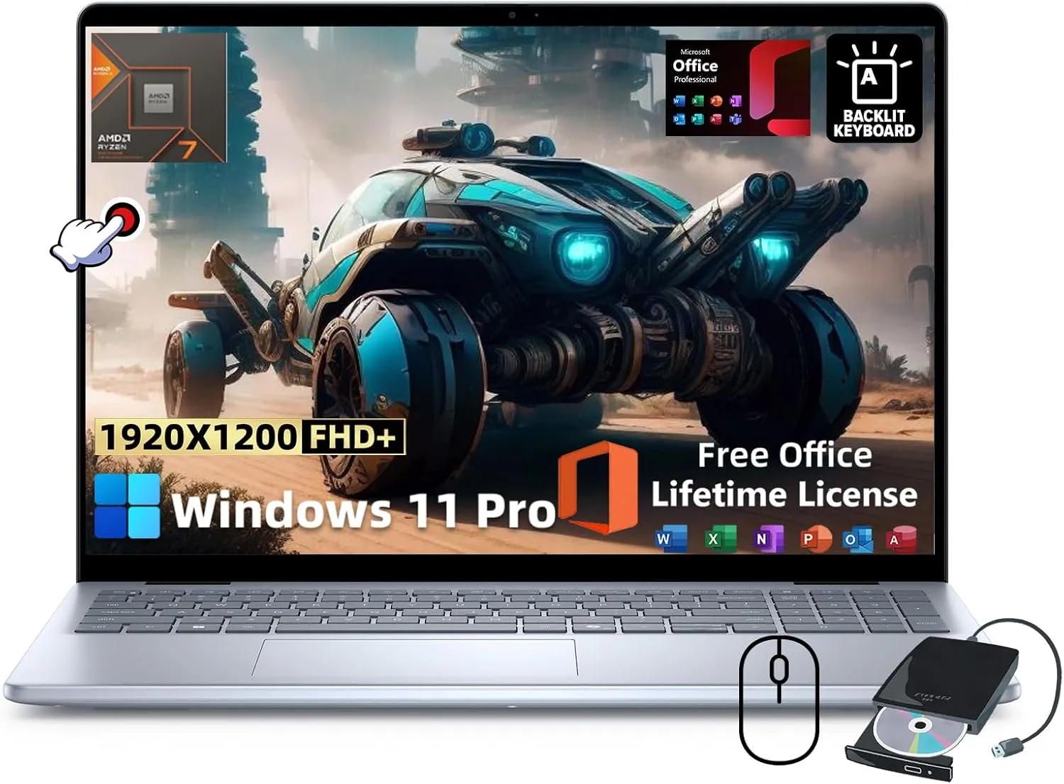 Dell Inspiron 16 Touchscreen Laptop - for Business & Students, 16" 16:10 FHD  Display, w/Office Lifetime & External CD Drive, Ryzen 7 8840U, Fingerprint, Backlit KB, Win11 Pro (64GB RAM, 1TB SSD)