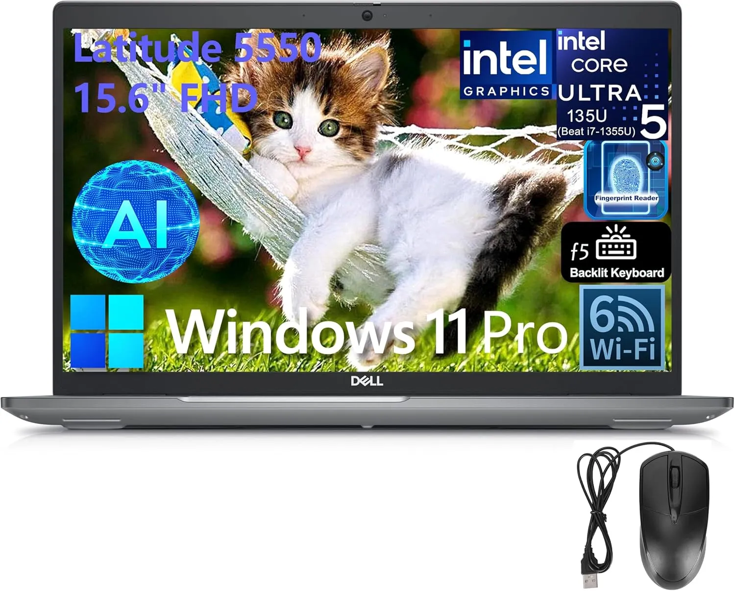 Dell Latitude 5550 15.6" FHD Business Laptop Computer, Intel Ultra 5 135U (Beat i7-1355U), 16GB DDR5 RAM, 512GB SSD, WiFi 6, Bluetooth 5.3, Backlit Keyboard, Fingerprint Reader, Windows 11 Pro